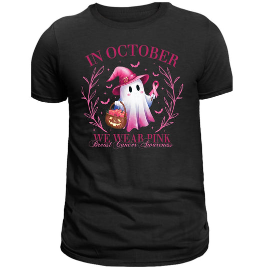 Black t-shirt with a ghost character and breast cancer awareness message on a white background